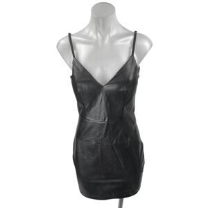 Privy Black Faux Leather Vegan Sleeveless V Neck Lace Mini Bodycon Dress Size S